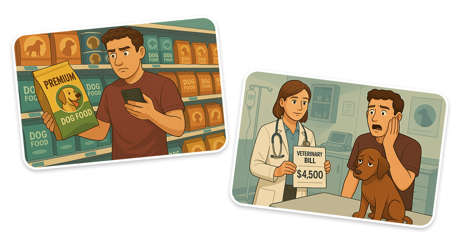 Paws AI dog food analysis features including camera scanning, AI health scoring, ingredient analysis, and safety alerts